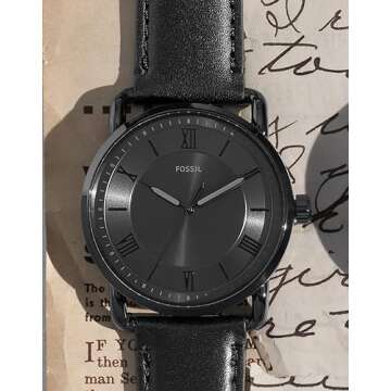 Fossil Men's Copeland Quartz Stainless Steel and Leather Three-Hand Watch, Color: Black (Model: FS5665)