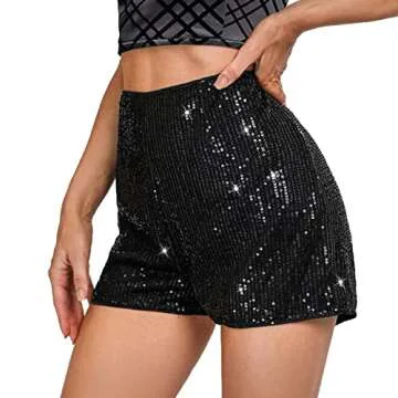 High Waisted Sequin Shorts for Women Elastic Straight Leg Sparkly Glitter Party Shorts for 1989 Taylor Concert Lover Swift Outfit Tour Eras Black