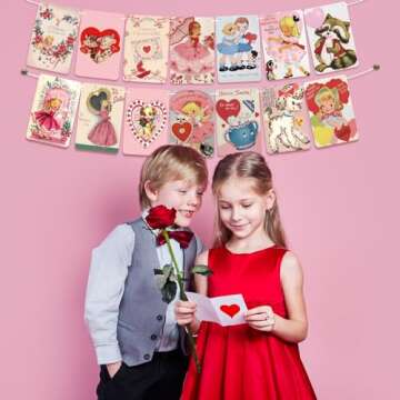 Sinmoe 4 Pcs Vintage Valentine's Day Decorations Vintage Valentine Banner Pink Happy Valentine Party Hanging Garland Valentine's Day Decoration for Anniversary Wedding Party Supplies(Lovely Style)