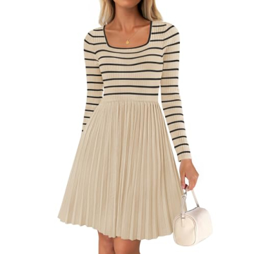 ZESICA Women's Long Sleeve Striped Dresses 2025 Square Neck Pleated Ribbed Knit Casual A Line Mini D...