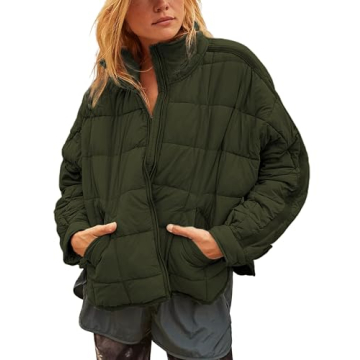 Bianstore Women's Oversized Splice Quilted Lightweight Puffer Jacket Casual Padded Coat(Green-M)