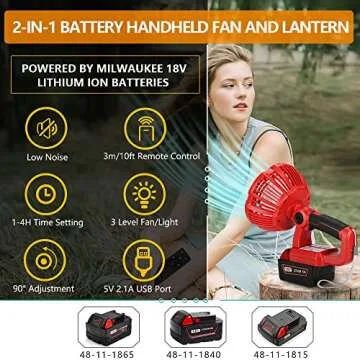 Hiesuan Portable Handheld Fan for Milwaukee 18V M18 Li-ion Battery, Personal Fan with 300LM LED Lant...