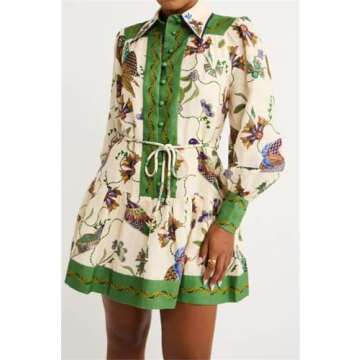 Qikaka Women's Long Puff Sleeve Lapel V Neck Button Printed Bodycon Sexy Nightclub Party Holiday Dre...