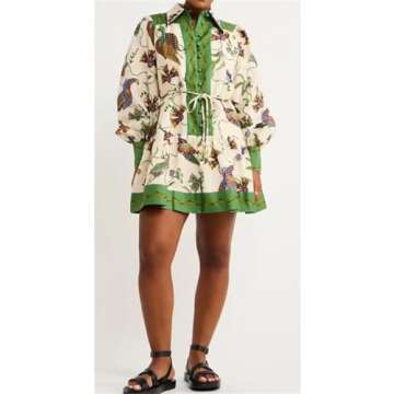 Qikaka Women's Long Puff Sleeve Lapel V Neck Button Printed Bodycon Sexy Nightclub Party Holiday Dress