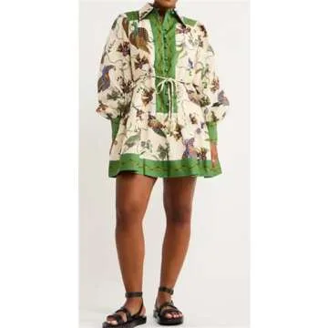 Qikaka Women's Long Puff Sleeve Lapel V Neck Button Printed Bodycon Sexy Nightclub Party Holiday Dress