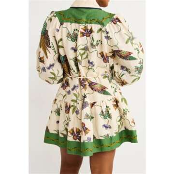 Qikaka Women's Long Puff Sleeve Lapel V Neck Button Printed Bodycon Sexy Nightclub Party Holiday Dress