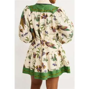 Qikaka Women's Long Puff Sleeve Lapel V Neck Button Printed Bodycon Sexy Nightclub Party Holiday Dress