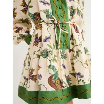 Qikaka Women's Long Puff Sleeve Lapel V Neck Button Printed Bodycon Sexy Nightclub Party Holiday Dress