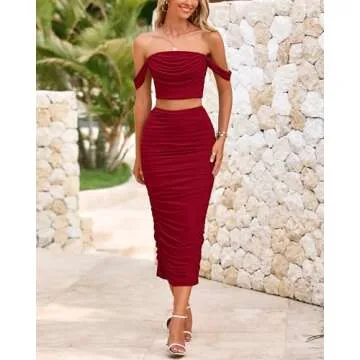 PRETTYGARDEN Women Sexy Two Piece Outfits Summer Off Shoulder Ruched Bodycon Mesh Cocktail Club Skirt Sets 2025(Wine Red,Large)