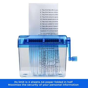 JIKIOU Mini Hand Shredder Portable Paper Shredder Manual Shredder Documents Paper Cutting Tool Home Office Desktop Stationery Christmas Birthday Gift Blue