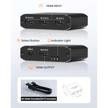 HDMI Switch 3-Port 4K@60Hz Aluminum Alloy[with 4FT HDMI 2.0 Cable], avedio links 4K HDMI Switcher, 3 Way HDMI Selector Switch, HDMI Switch 3 in 1 Out Support HDCP 2.2, HDR 10, for PS5, PS4 (Black)