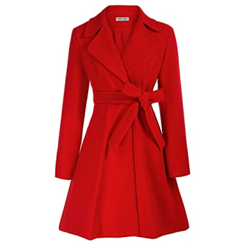 Kate Kasin Women's Dress Coats Belted Mid Length Lapel Collar Trench Coats With Belt Red L