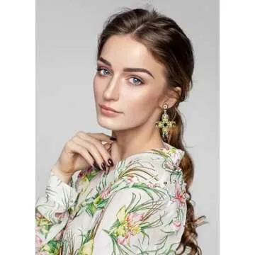 Vintage Rhinestone Cross Earrings Fashion Colorful Crystal Cross Dangle Earrings Big Baroque Cross Drop Earrings Gothic Cross Earrings for Women (Red)