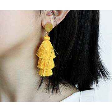Bright Yellow Layered Dangle Tassel Earrings for Women