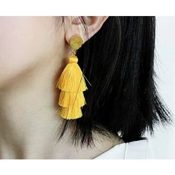 Bright Yellow Layered Dangle Tassel Earrings for Women