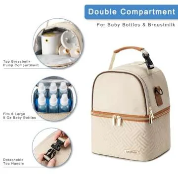 BABEYER Breastmilk Cooler Bag with Ice Pack Fits 6 Baby Bottles up to 9 Ounce, Breast Milk Pump Cooler Bag with Shoulder Strap for Nursing Mom Daycare, Work, Travel- Cream