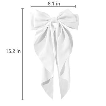 Large Hair Bow Clips for Women Girls Silky Satin Hair Barrettes with Long Ribbon Tail White Hair Bow...