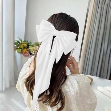 Large Hair Bow Clips for Women Girls Silky Satin Hair Barrettes with Long Ribbon Tail White Hair Bows Slides Wedding Hair Accessories for Women Girls