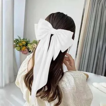 Large Hair Bow Clips for Women Girls Silky Satin Hair Barrettes with Long Ribbon Tail White Hair Bows Slides Wedding Hair Accessories for Women Girls