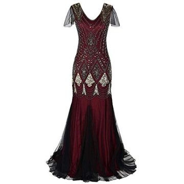Elegant 1920s Great Gatsby Flapper Evening Dress for Women, Burgundy + Gold