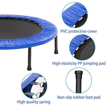 TURFEE 38" Mini Trampoline, 4-Way Folding Exercise Trampolines with Safety Pad, Fitness Rebounder Trampoline for Adults Kids Indoor Outdoor Exercise (Blue)