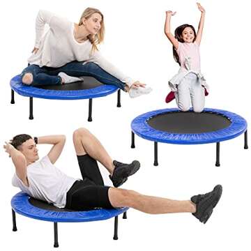 TURFEE 38" Mini Trampoline, 4-Way Folding Exercise Trampolines with Safety Pad, Fitness Rebounder Trampoline for Adults Kids Indoor Outdoor Exercise (Blue)