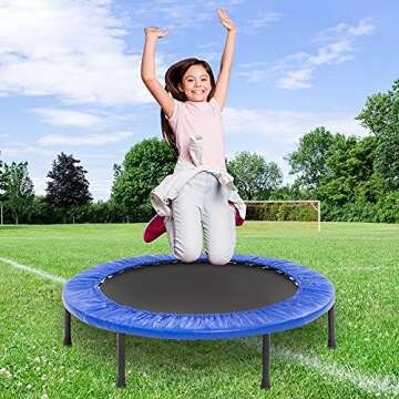 TURFEE 38" Mini Trampoline, 4-Way Folding Exercise Trampolines with Safety Pad, Fitness Rebounder Trampoline for Adults Kids Indoor Outdoor Exercise (Blue)
