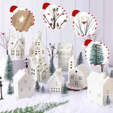 Tioncy 26 Pcs Ceramic Christmas Village Houses with Christmas Tree Berry Tree Bird Xmas Street Lamp DIY Xmas Village Houses Figurine for Tabletop Mantle Decor