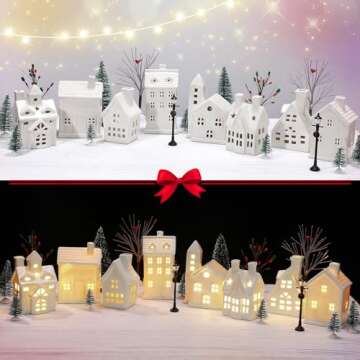 Tioncy 26 Pcs Ceramic Christmas Village Houses with Christmas Tree Berry Tree Bird Xmas Street Lamp DIY Xmas Village Houses Figurine for Tabletop Mantle Decor