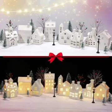 Tioncy 26 Pcs Ceramic Christmas Village Houses with Christmas Tree Berry Tree Bird Xmas Street Lamp DIY Xmas Village Houses Figurine for Tabletop Mantle Decor