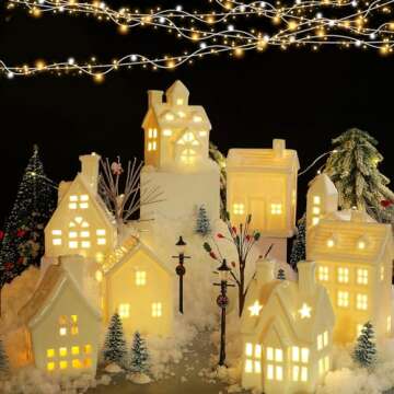Tioncy 26 Pcs Ceramic Christmas Village Houses with Christmas Tree Berry Tree Bird Xmas Street Lamp DIY Xmas Village Houses Figurine for Tabletop Mantle Decor