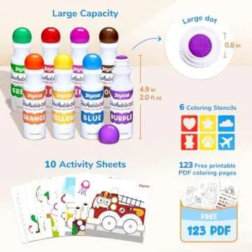 JoyCat Washable Dot Markers for Kids,8 Colors 2.1 fl.oz Non Toxic Dot Paint Markers with 123 PDF &10 Physical Activity Papers,6 Stencils,Bingo Daubers for Toddler 3+,Ideal Arts and Crafts Supplies
