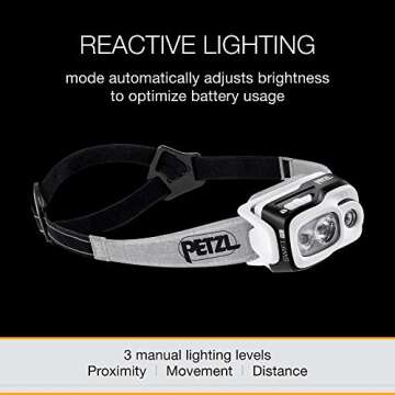 PETZL, Swift RL Rechargeable Headlamp with 900 Lumens & Automatic Brightness Adjustment, Black