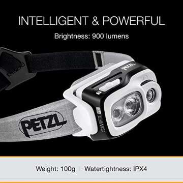 PETZL, Swift RL Rechargeable Headlamp with 900 Lumens & Automatic Brightness Adjustment, Black