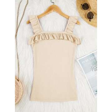 Womens Cute Sleeveless Tank Tops Ruffle Strap Square Neck Blouse Solid Color Knitted Camisole Khaki