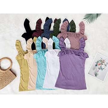 Womens Cute Sleeveless Tank Tops Ruffle Strap Square Neck Blouse Solid Color Knitted Camisole Khaki