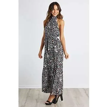 PRETTYGARDEN Women’s Casual Halter Neck Sleeveless Floral Long Maxi Dress Backless Loose Ruffle Sundress with Belt (Black Leopard,Large)