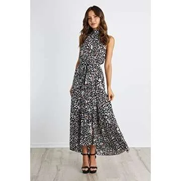 PRETTYGARDEN Women’s Casual Halter Neck Sleeveless Floral Long Maxi Dress Backless Loose Ruffle Sundress with Belt (Black Leopard,Large)