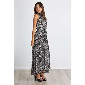 PRETTYGARDEN Women’s Casual Halter Neck Sleeveless Floral Long Maxi Dress Backless Loose Ruffle Sundress with Belt (Black Leopard,Large)