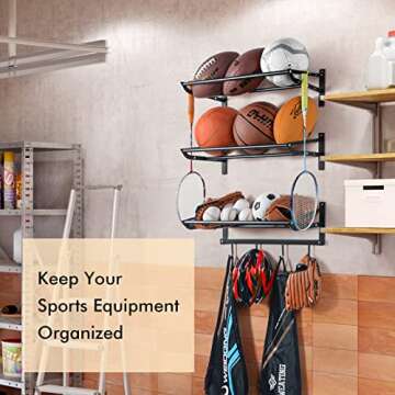 Sunix Garage Sports Equipment Storage, Basketball Rack with 3 Racks, Sports Equipment Organizer Wall Mount Shelf with 4 Hooks for Rackets, Sports Equipment Storage Rack, basketball Rack