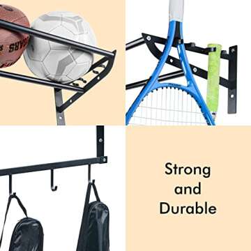 Sunix Garage Sports Equipment Storage, Basketball Rack with 3 Racks, Sports Equipment Organizer Wall Mount Shelf with 4 Hooks for Rackets, Sports Equipment Storage Rack, basketball Rack