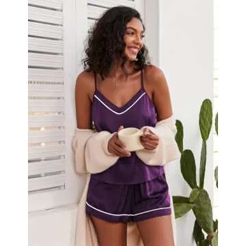 Ekouaer Satin Pajamas Women's Soft Sleepwear Lingerie Silk Cami Shorts Set Nightwear Purple,Medium
