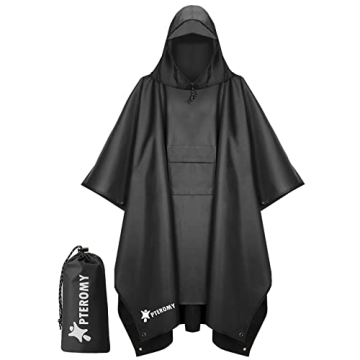 PTEROMY Hooded Rain Poncho with Pocket, Waterproof Lightweight for Hiking Camping