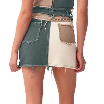 Tulucky Womens Fashion Mid-Rise Color Blocking Patchwork Ripped Stretch Denim Skirts(Green,XS)