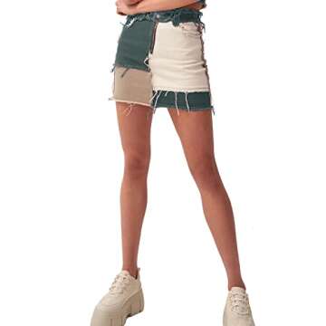 Tulucky Womens Fashion Mid-Rise Color Blocking Patchwork Ripped Stretch Denim Skirts(Green,XS)