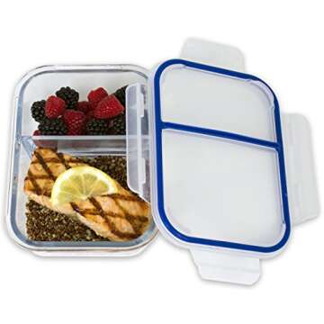 [Large Premium 3 Pack] 2 Compartment Glass Meal Prep Containers w/New Divider Seal Tech Best Quality...