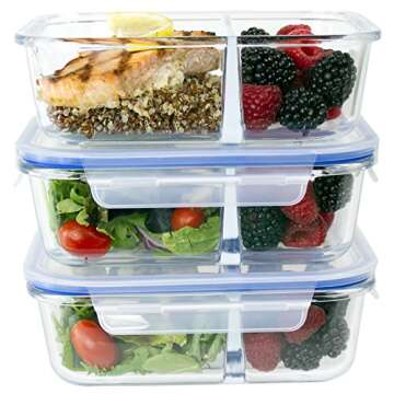 [Large Premium 3 Pack] 2 Compartment Glass Meal Prep Containers w/New Divider Seal Tech Best Quality Snap Locking Lids Airtight 8 Pcs Glass Set BPA-Free (5 Cups, 36 Oz)