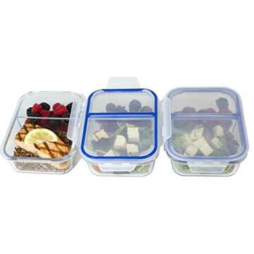 [Large Premium 3 Pack] 2 Compartment Glass Meal Prep Containers w/New Divider Seal Tech Best Quality Snap Locking Lids Airtight 8 Pcs Glass Set BPA-Free (5 Cups, 36 Oz)