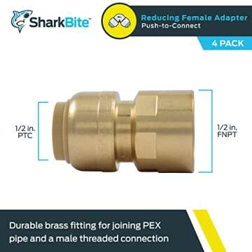 SharkBite 1/2 x 1/2 Inch FNPT Adapter, Pack of 4, Push To Connect Brass Plumbing Fitting, PEX Pipe, ...