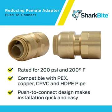 SharkBite 1/2 x 1/2 Inch FNPT Adapter, Pack of 4, Push To Connect Brass Plumbing Fitting, PEX Pipe, Copper, CPVC, PE-RT, HDPE, U072LFA4